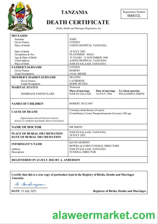 Tanzania vital record death certificate Word and PDF template